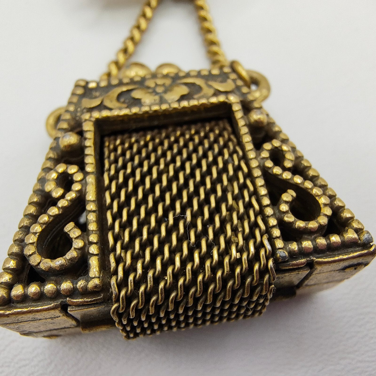 Vintage Purse Pill Box Brooch Pin Gold Tone Chatelaine Multicolor Rhinestone