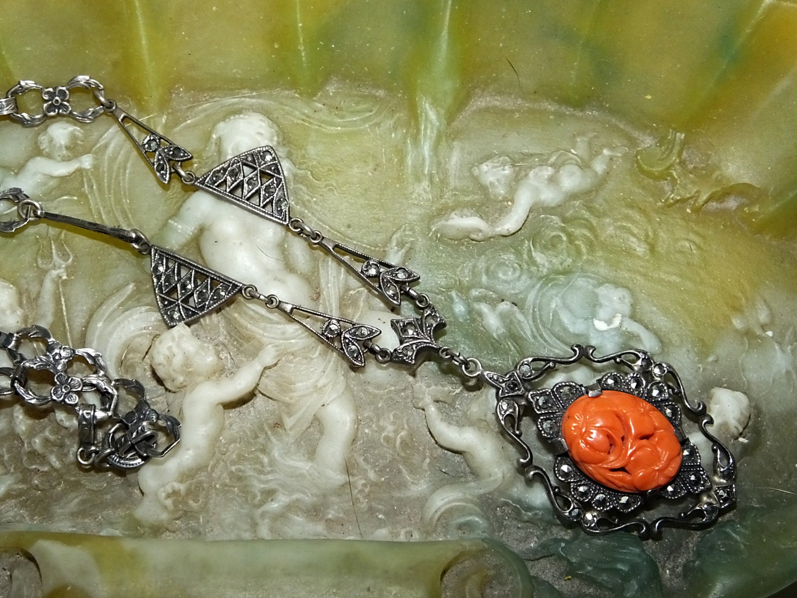 Antique Edwardian Art Deco Floral Carved Faux Coral Marcasite Sterling Necklace
