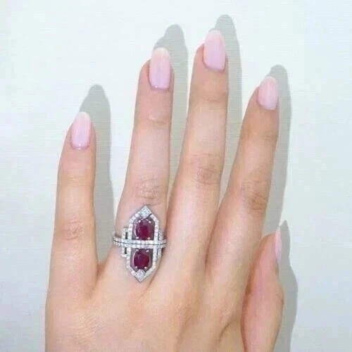 Share 3.45Ct Art Deco Style Oval Lab Created Ruby Wedding 14K White Gold Finis