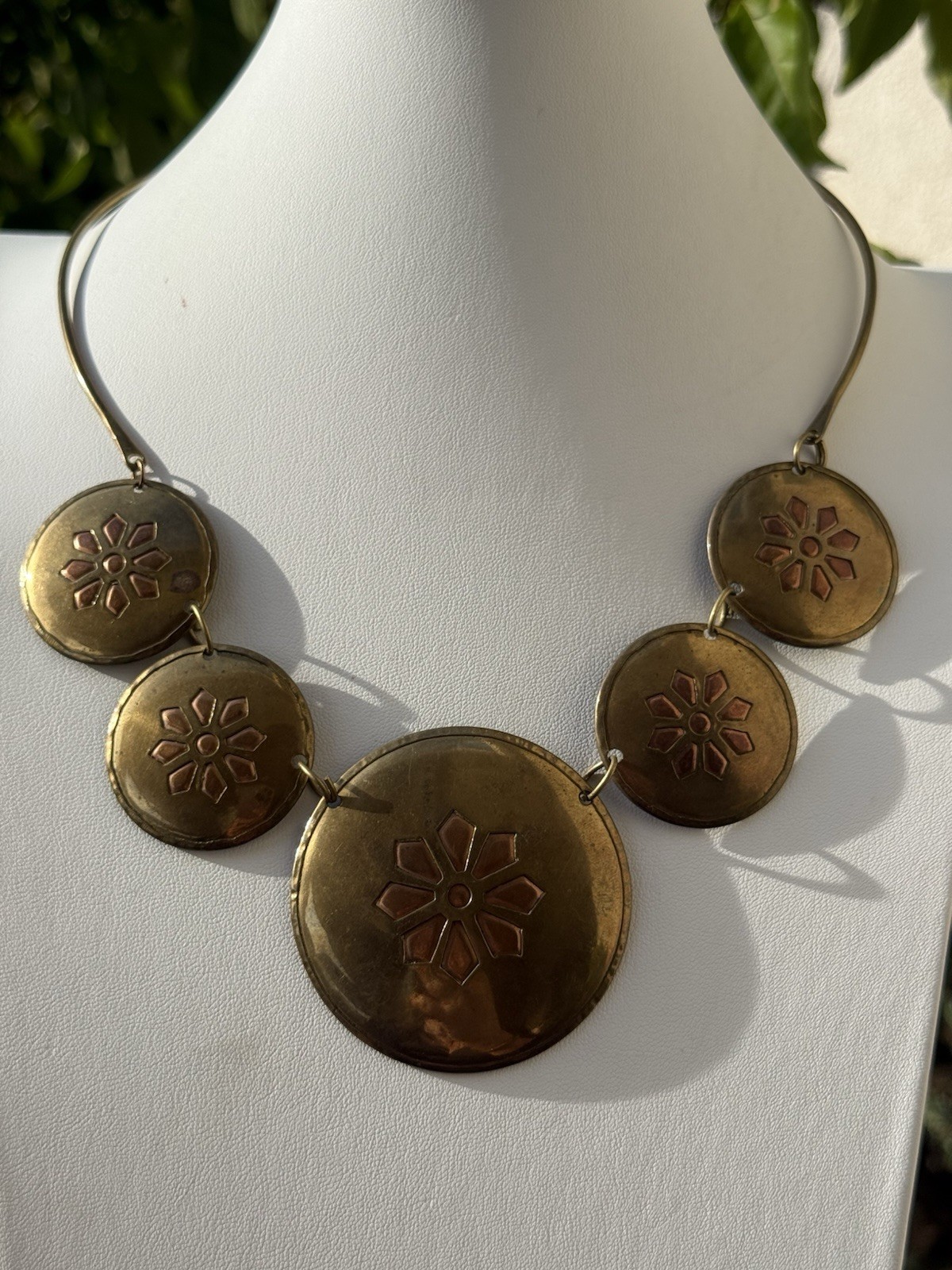 Vintage Artisan Abstract Round Copper & Brass Disc Statement Modernist Necklace