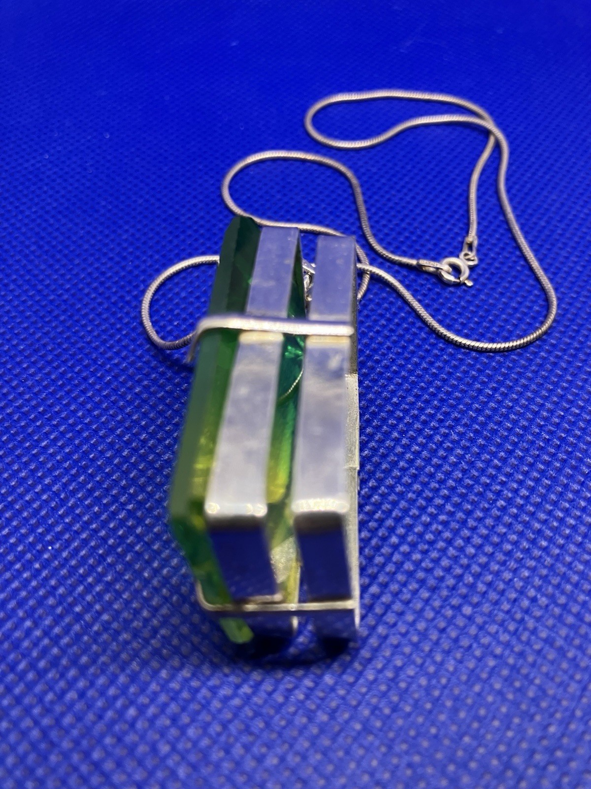 Large Square Faceted Green RS Necklace n Italy 925 Sterling Silver Chain/Setting