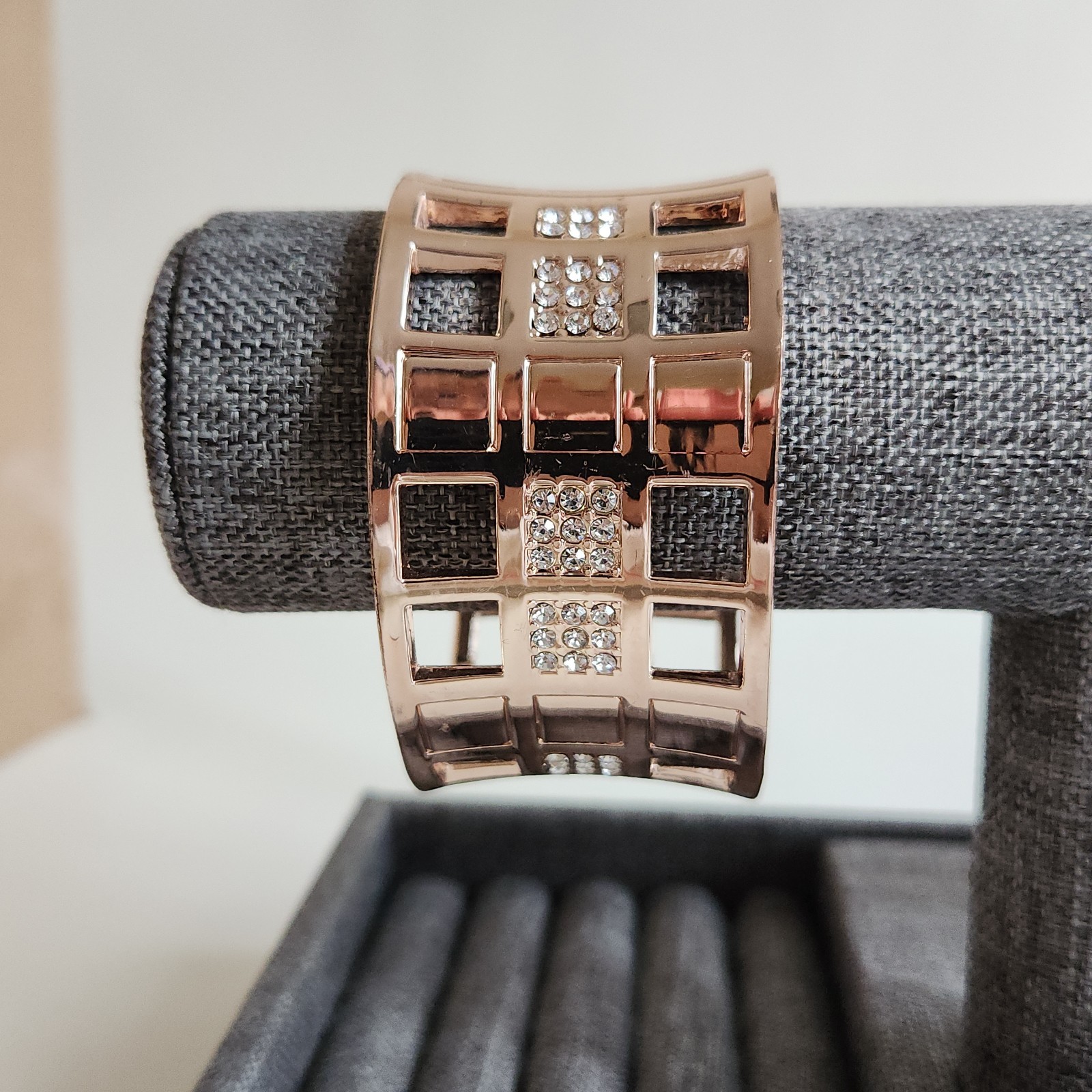 Rose Gold Tone Architectural Open Cuff Statement Bracelet Wide Modern 7″