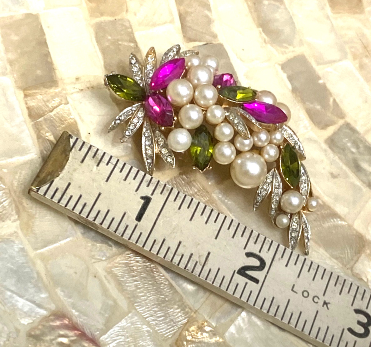 Vintage Brooch Pin, R. Mandle, Faux Pearls, Dark pink & green rhinestones