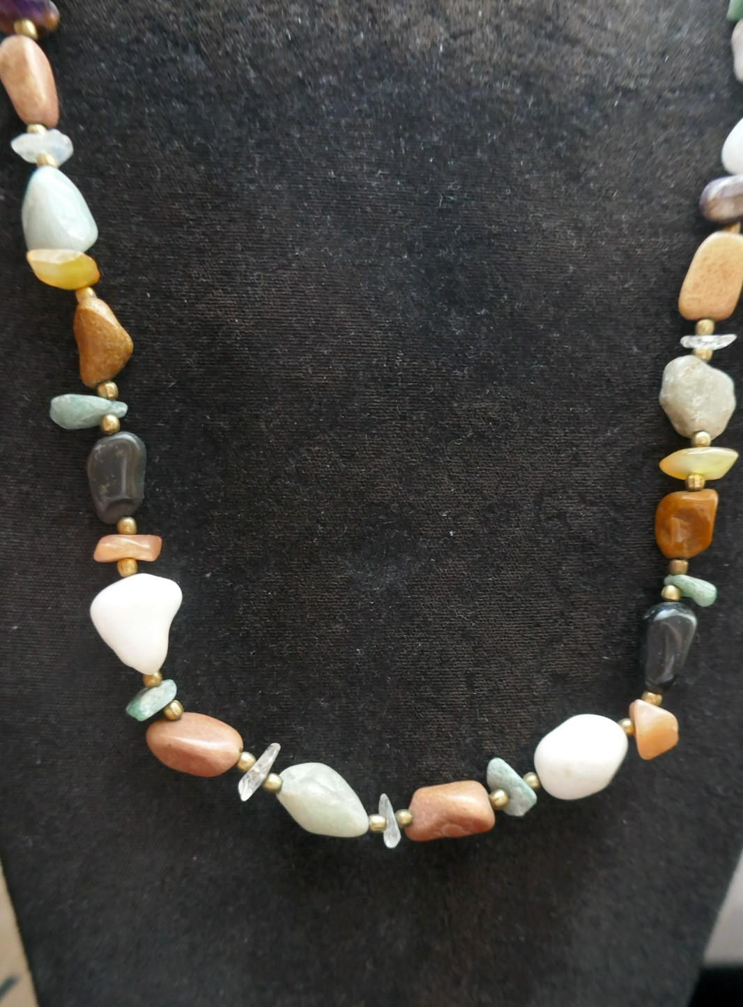 VTG 28″ Earth Tone Beggar Beads Semi Precious Gemstone Necklace w Brass Clasp