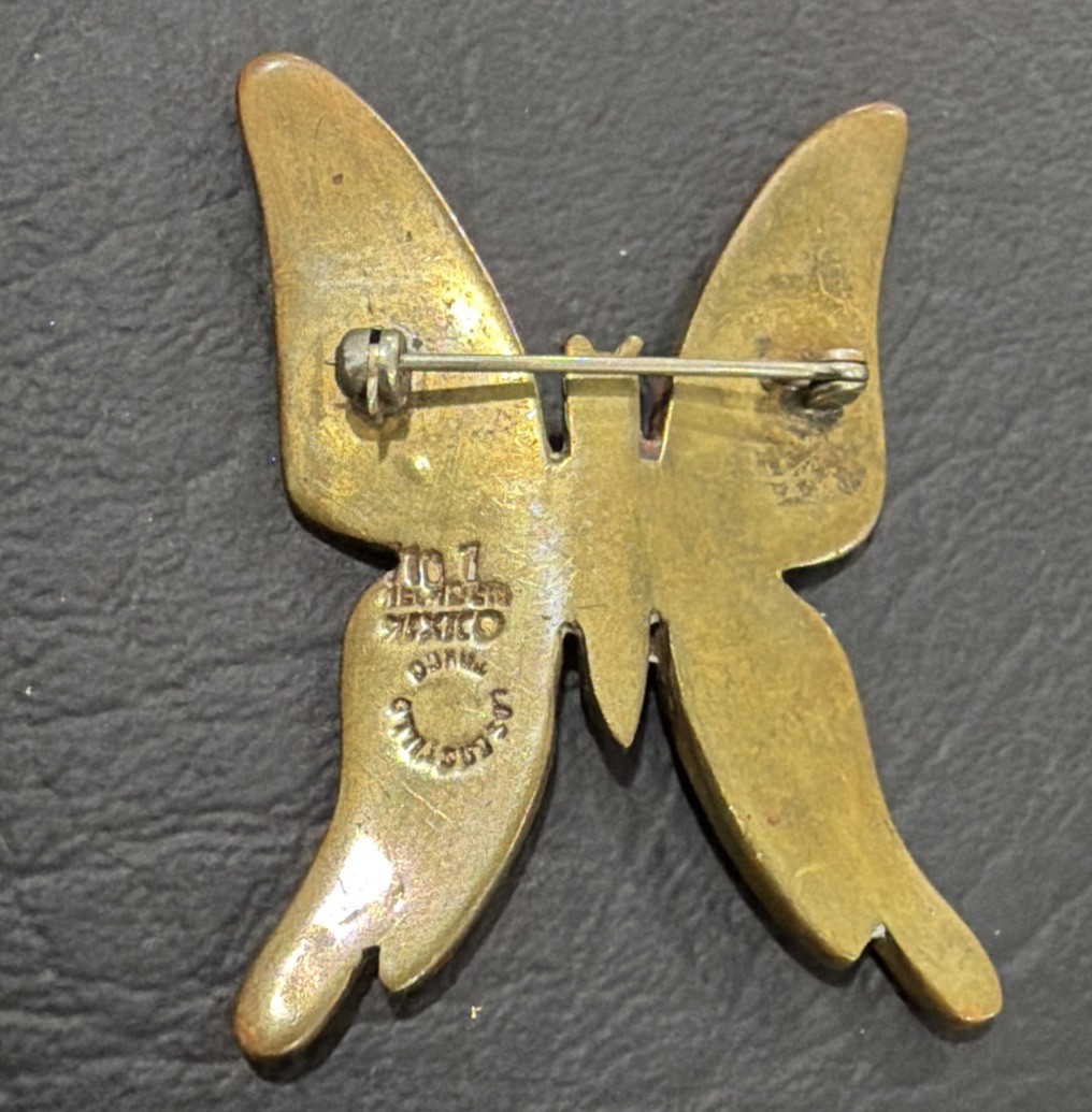 vintage Los Castillo Taxco Butterfly Brooch Inlay Mosaic Mexico Sterling Silver
