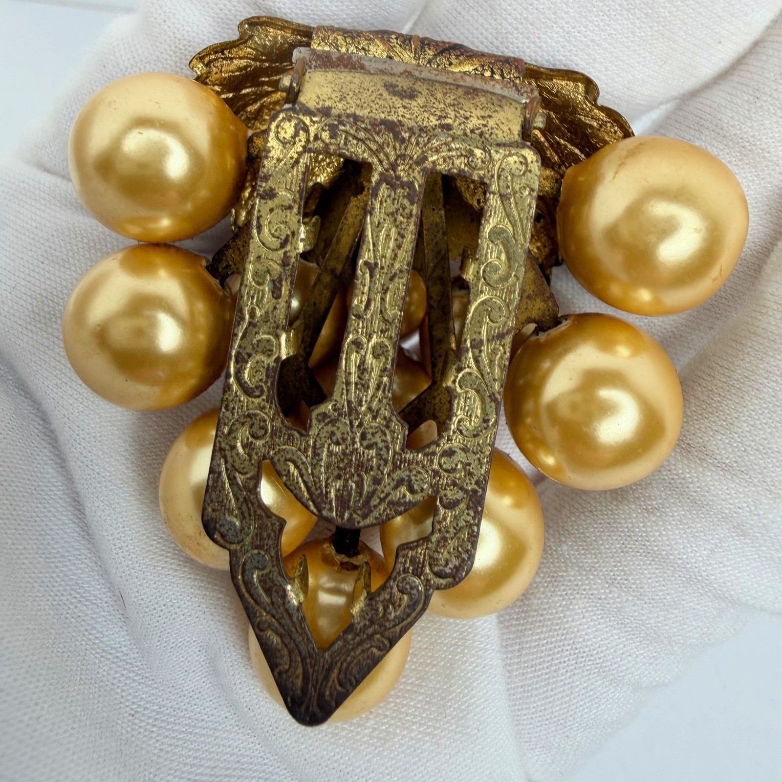 Vintage LARGE 2” Gold Tone Bunch Of Grapes Faux Pearl Antique Fur Clip 1930s