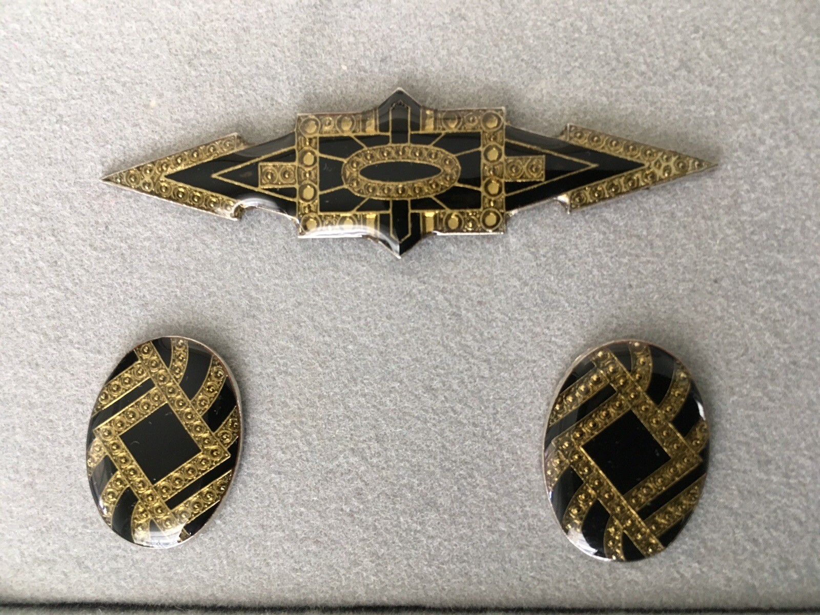 1980s TACOA Black and Gold Enamel Pin and Pierced Stud Earrings Set. NEW in Box!