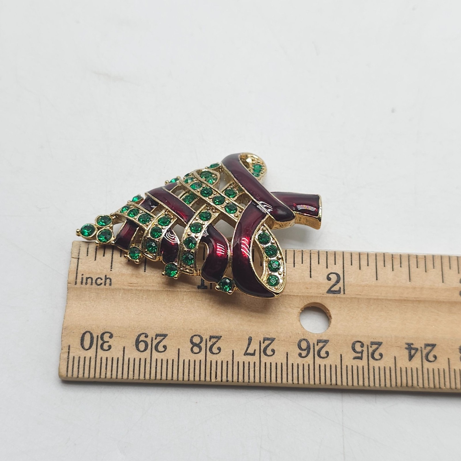 Vintage Christmas Tree Brooch With Rhinestones & Enamel Finish