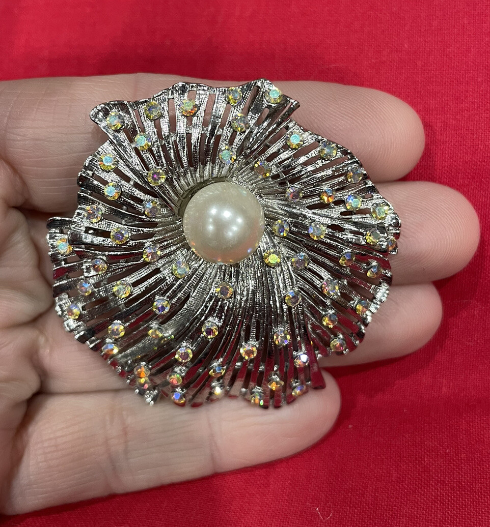 Vintage Silver Tone Poppy Flower w Ab Rhinestones Faux Pearl Brooch Pin Pendant