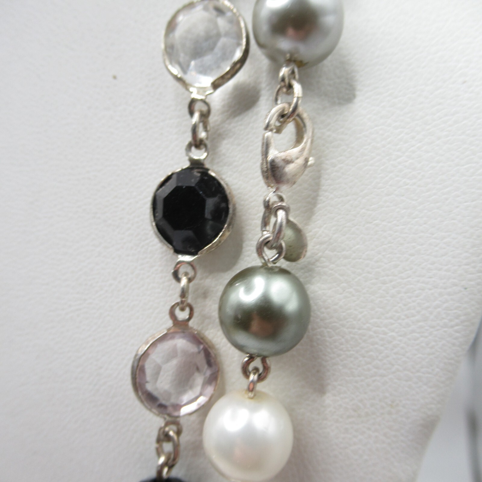 Bezel Set Black Clear Gray and White Faux Pearl and Crystal Necklace Long