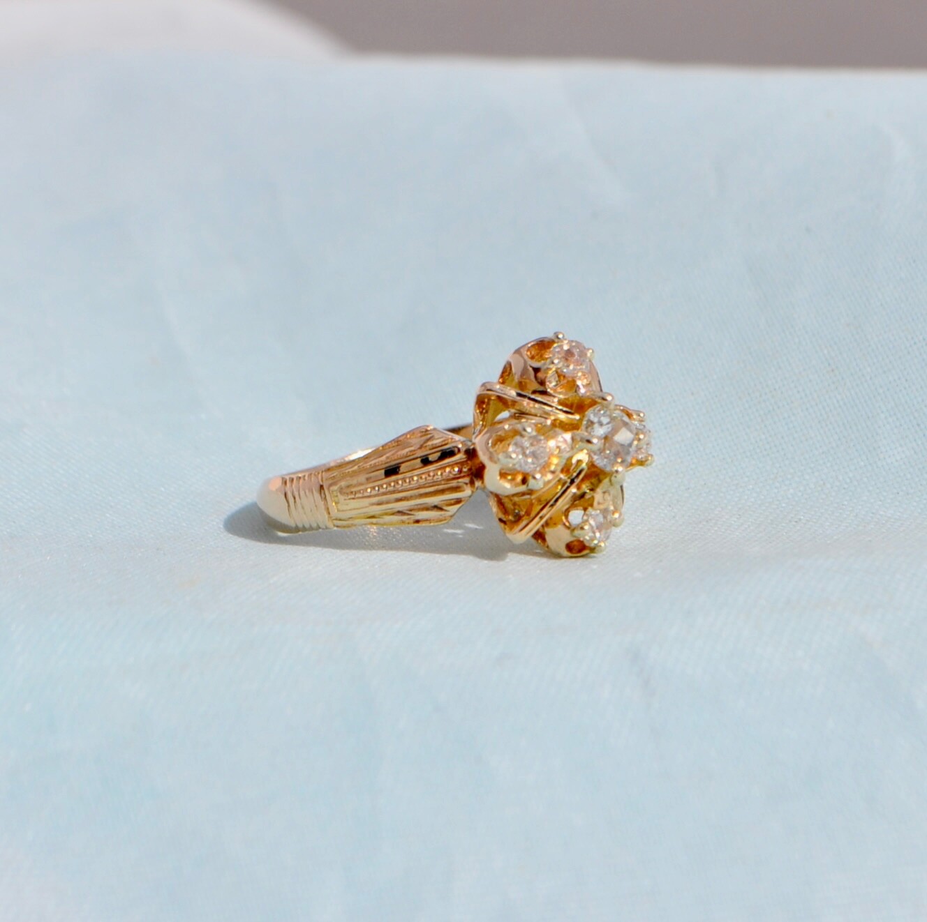 Old Antique Victorian 18K Solid Gold Old Mine Cut Diamond Ring Engraved Cluster