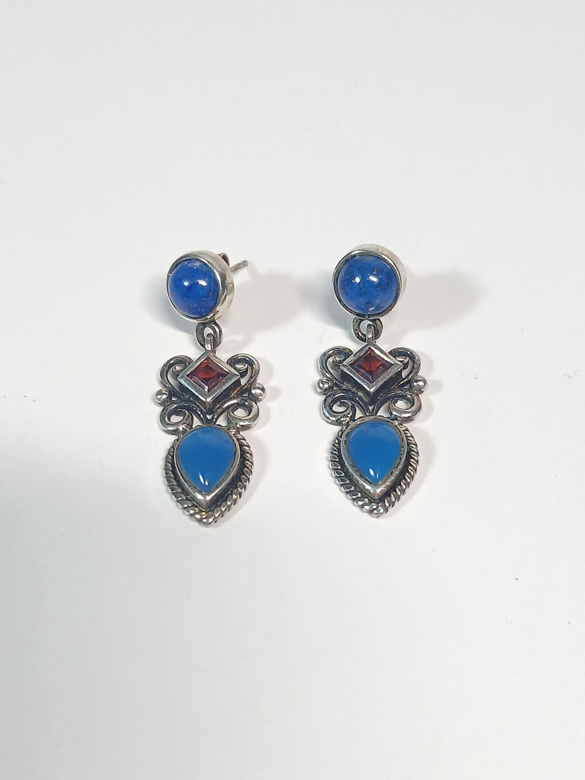 Vintage Sterling Silver 925 Thai Blue Iolite Lapis Lazuli Garnet Dangle Earrings