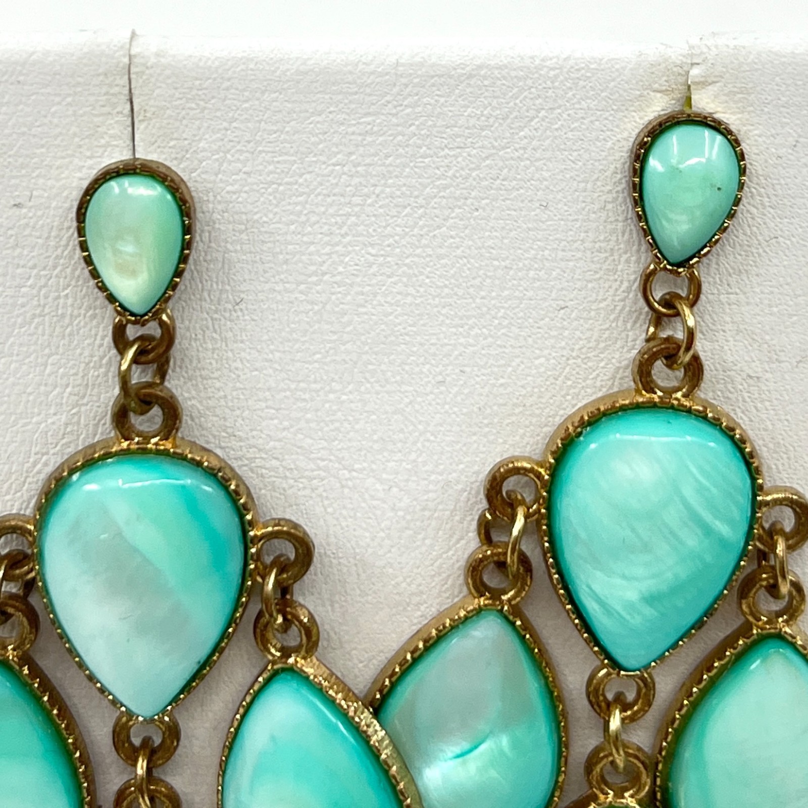 Vintage Boho Gold Tone Teal Faux MoP Teardrop Chandelier Blue Dangle Earrings
