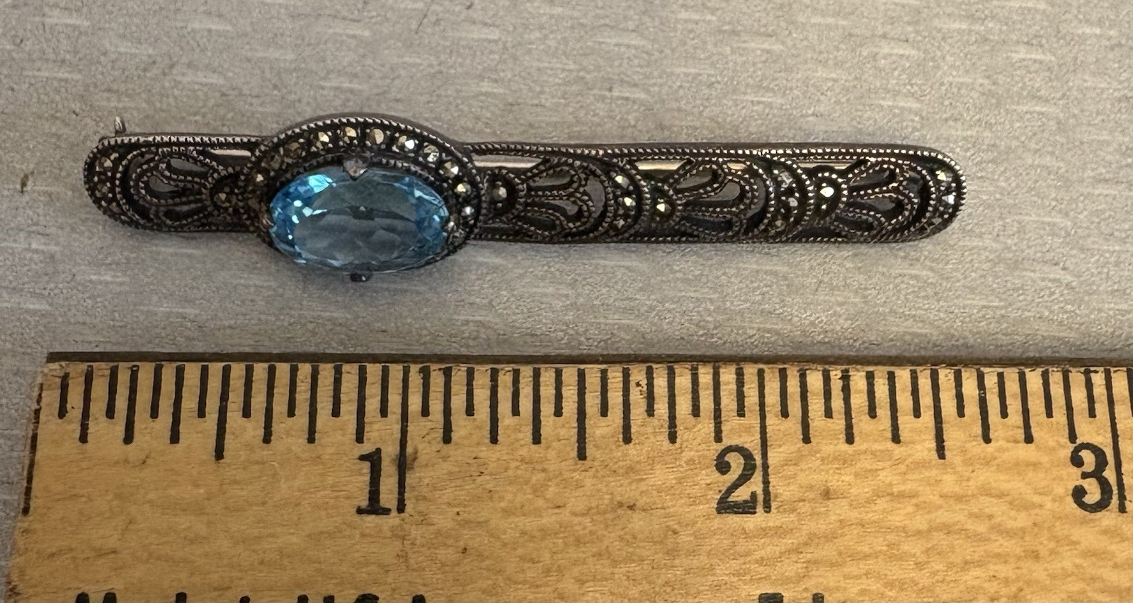 Judith Jack Sterling Silver Blue Topaz Marcasite Brooch Art Deco Revival Bar Pin