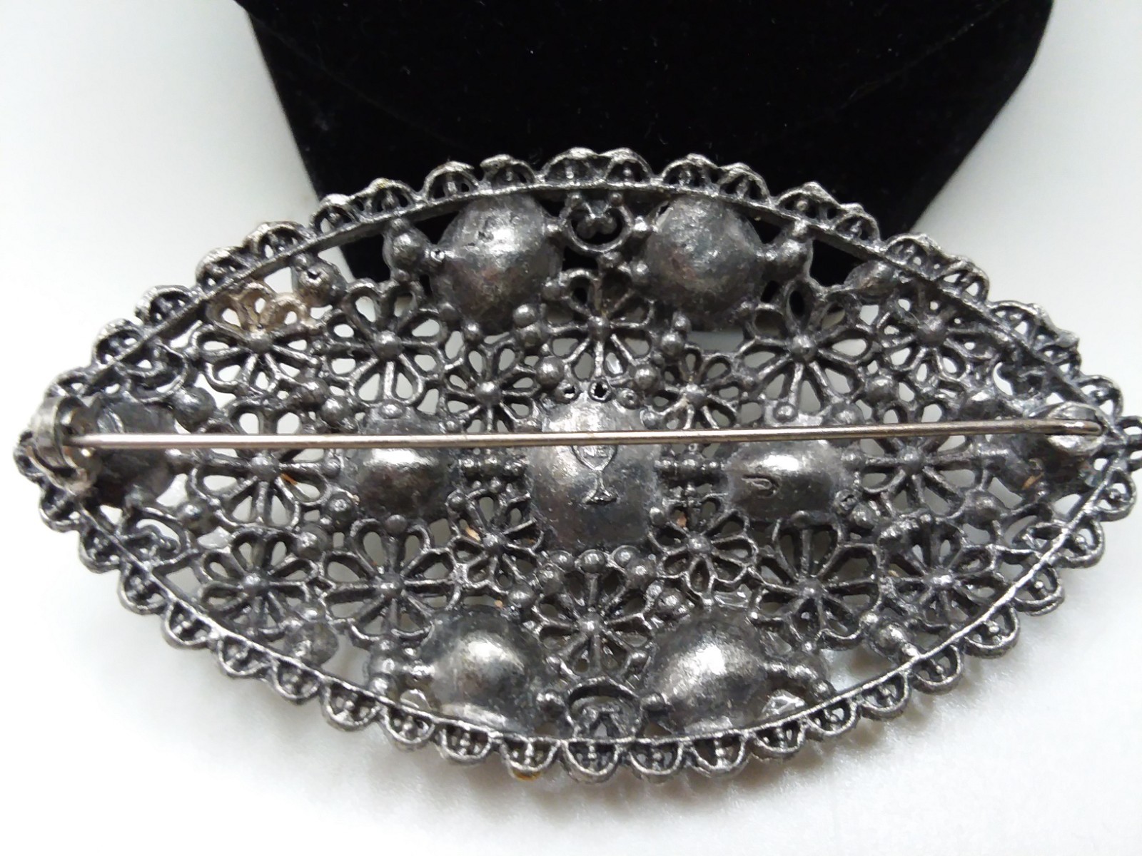 Vtg Art Deco Filigree Rhinestone Brooch Pin Signed NE New England Glass Works