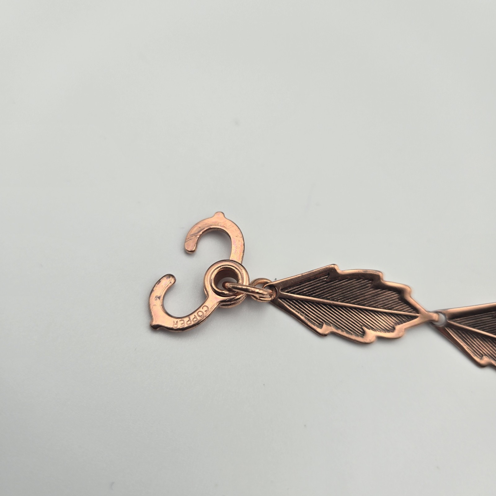 Vintage Copper Bracelet Etched Leaf Link Sister Hook Mid Century Modern MCM 8”