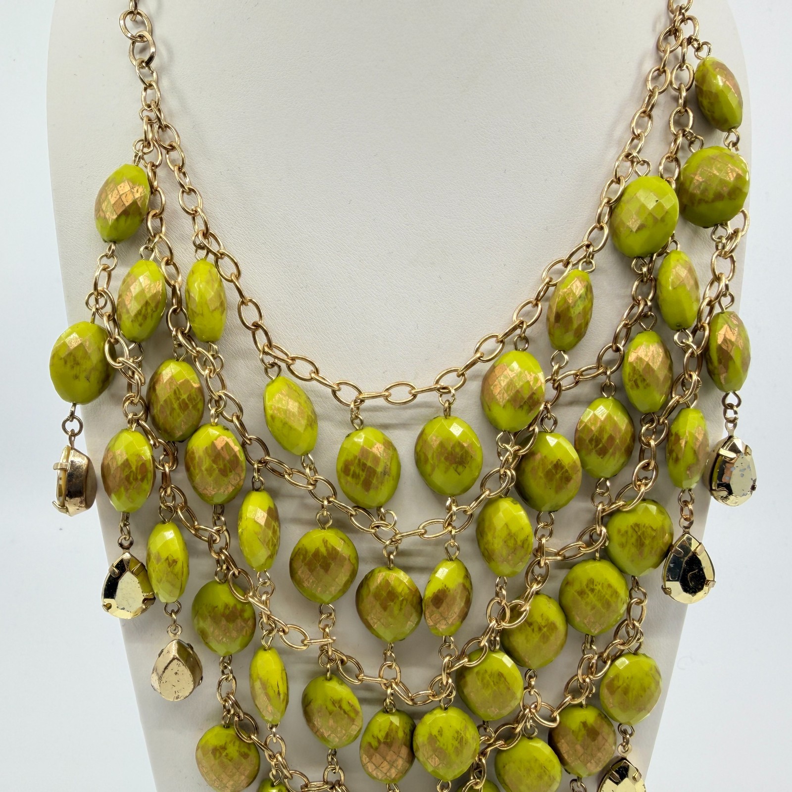 Necklace Vintage Gold Tone Lime Green Bead Bib Statement Bold Chunky Retro Y2K