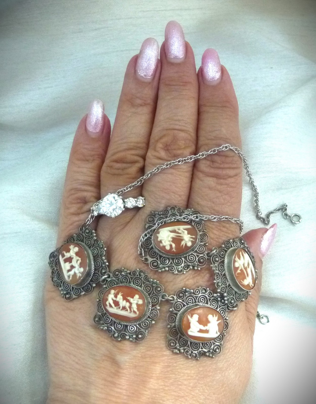FABULOUS RARE ANTIQUE STERLING 800 SHELL CAMEO CANNETILLE CUPID CHARIOT NECKLACE