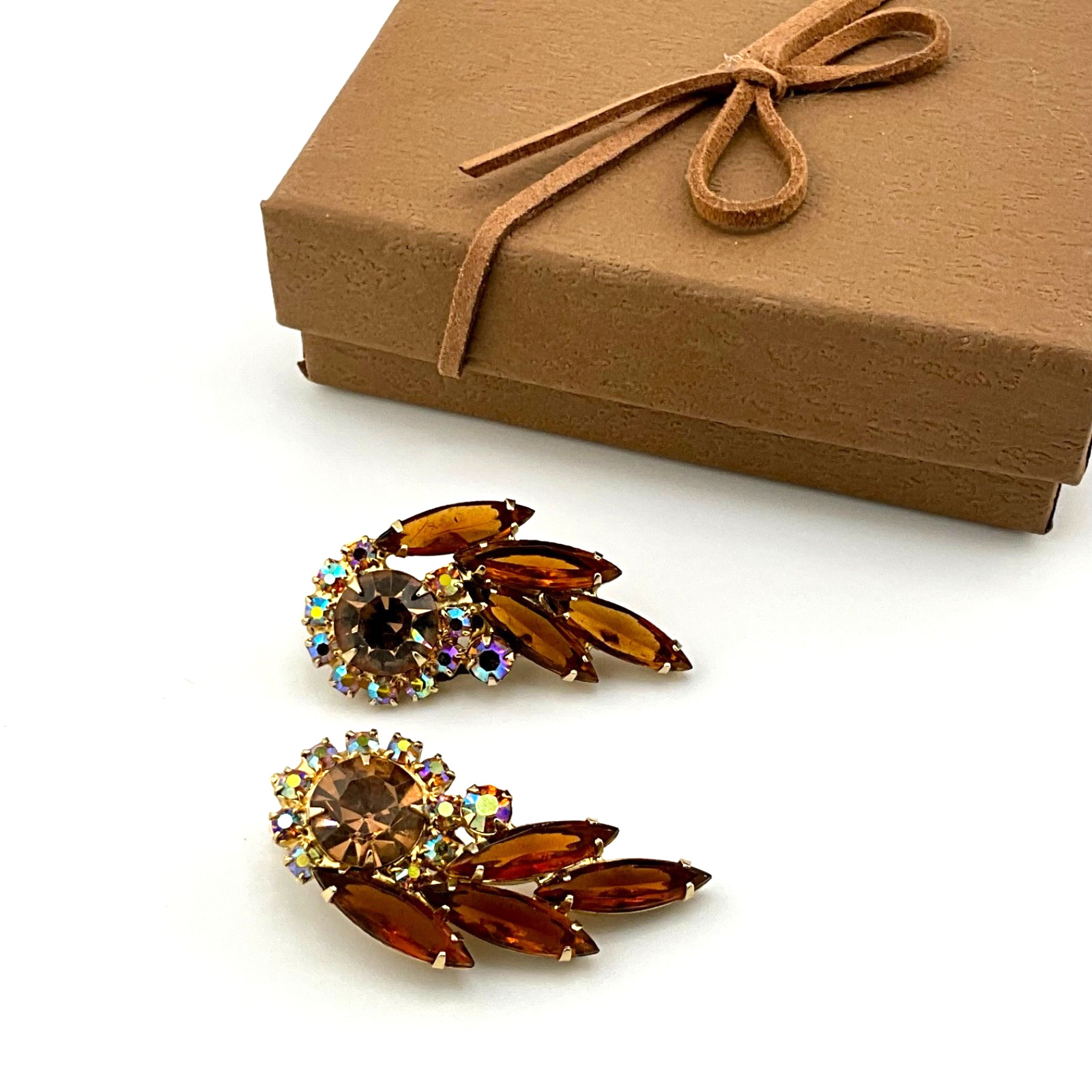 Vintage Mid Century Modern Crystal Clip Earrings Amber Navette Aurora Borealis