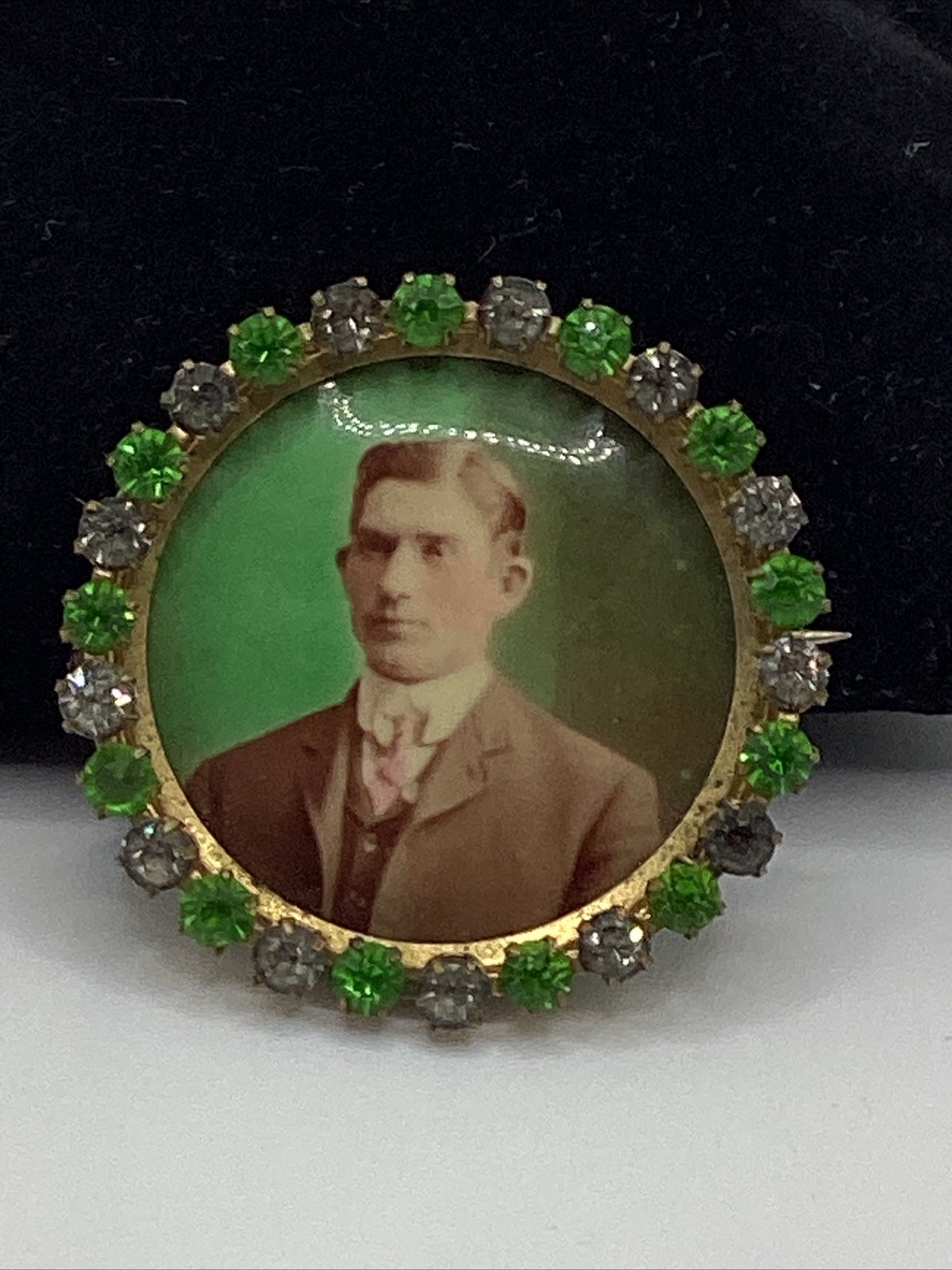 Antique Mourning Brooch Man’s Photo Colored Rhinestones May 21 1898