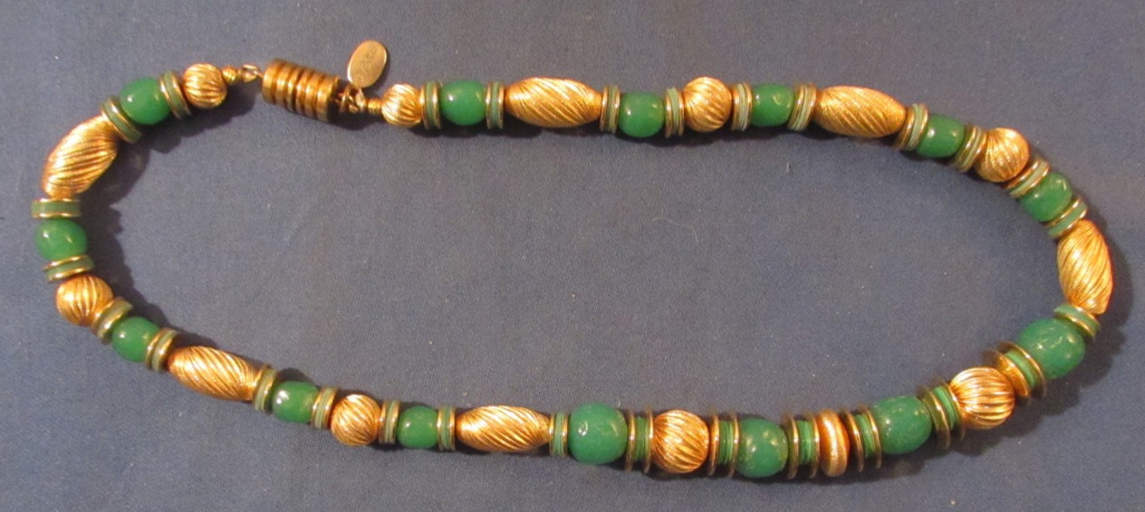 VINTAGE SIGNED GAY BOYER FAUX JADE WITH GOLD TONE SPACERS NECKLACE 31 ”