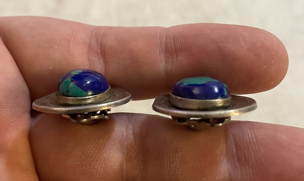 Vintage Sterling Azurite Heavy Clip On Earrings Mexico 925 TH-97 *See Pics/Notes