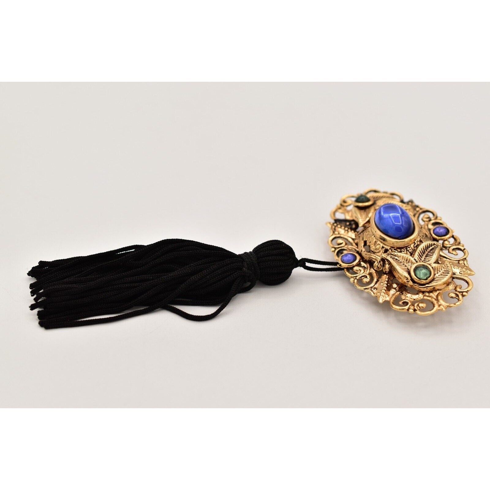 Vintage Cabochon Tassel Pin Brooch Lightweight Antiqued Gold Blue Black BinBG