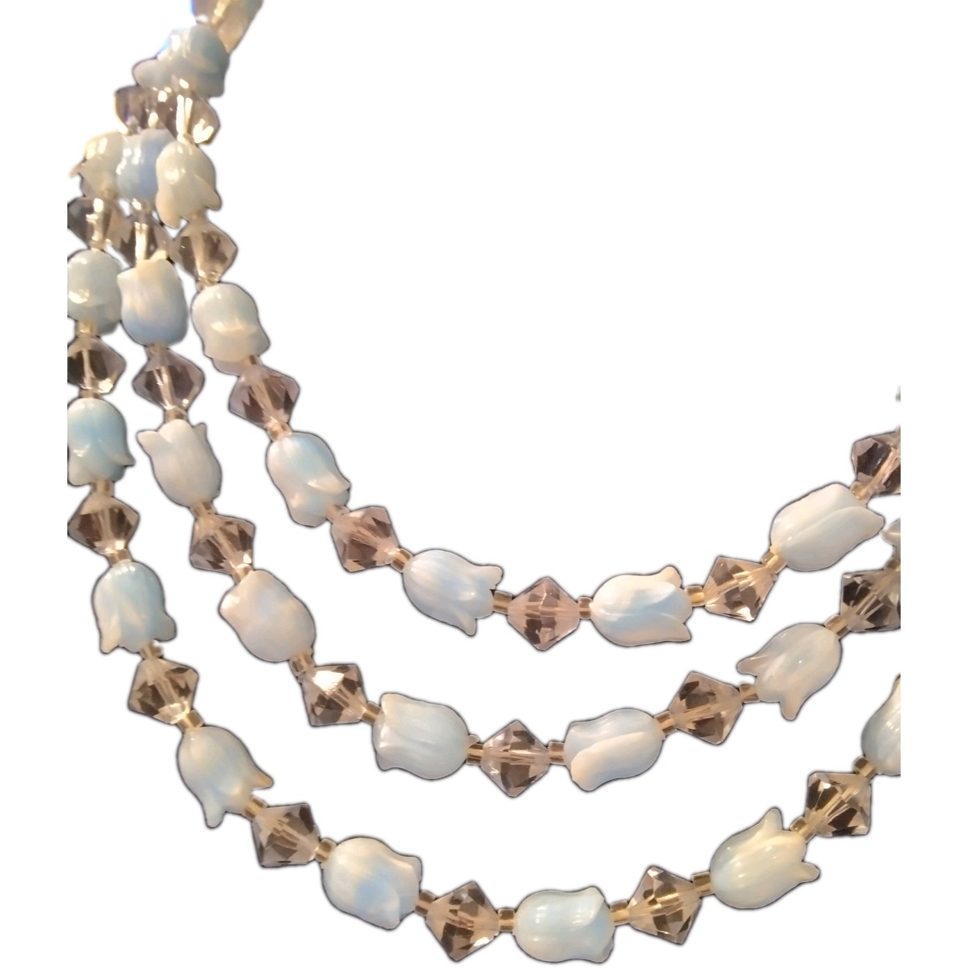 Vintage Japan Multi-Strand Beaded Necklace Blue Glass Gray Sim Crystal 18in Hook