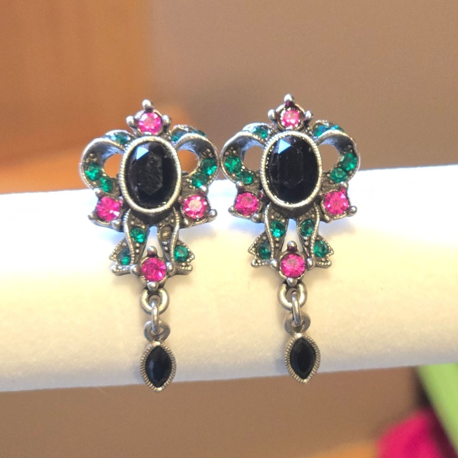 1928 Vintage Dangle Earrings Black Cabochon Pink Green Crystal Drop Bow shaped