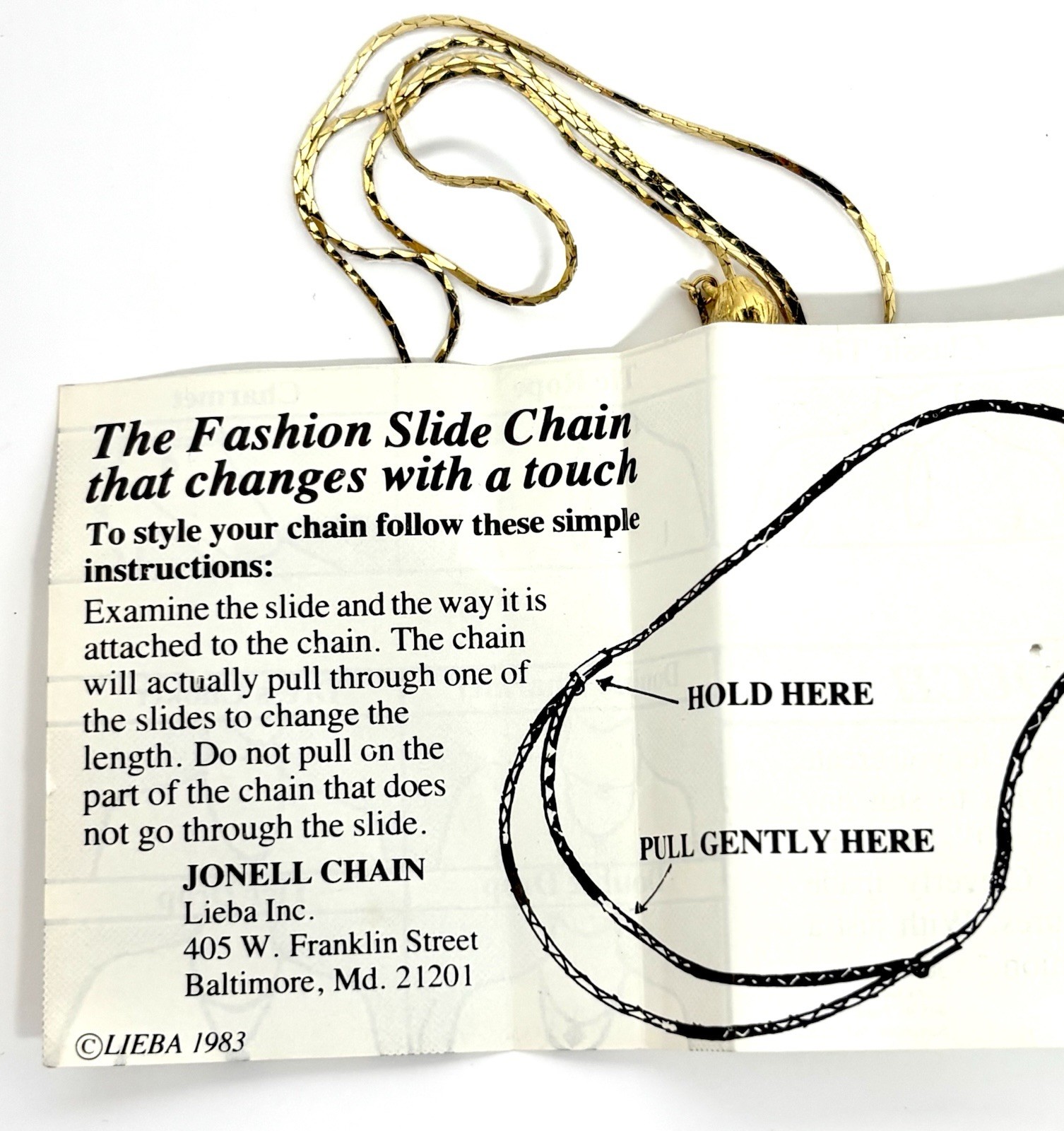 Vintage Gold Tone Sliding Chains Adjustable Style 30” New Old Stock with Manual