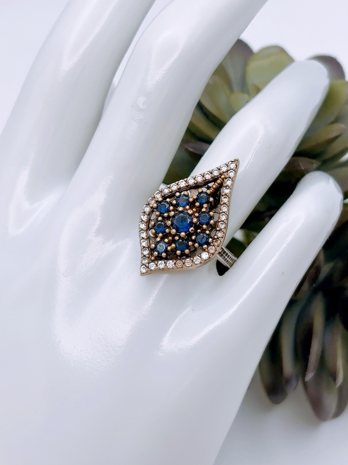 Sterling Silver 925 Turkish Rhombus Iolite Stone Ring Sz 8 Antique Unique