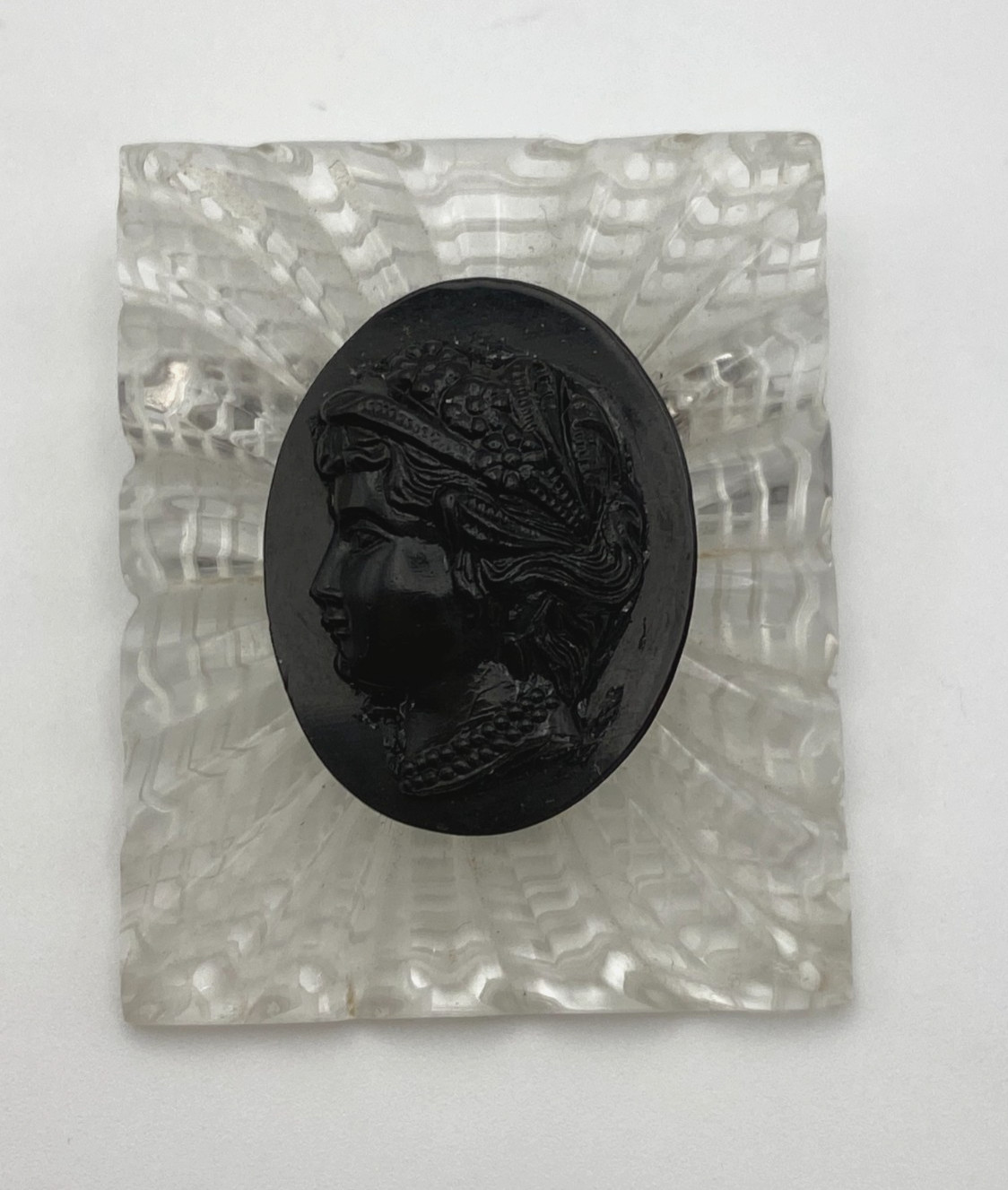 Vintage 1940s Mourning Brooch Black Cameo Reverse Carved Victorian Revival