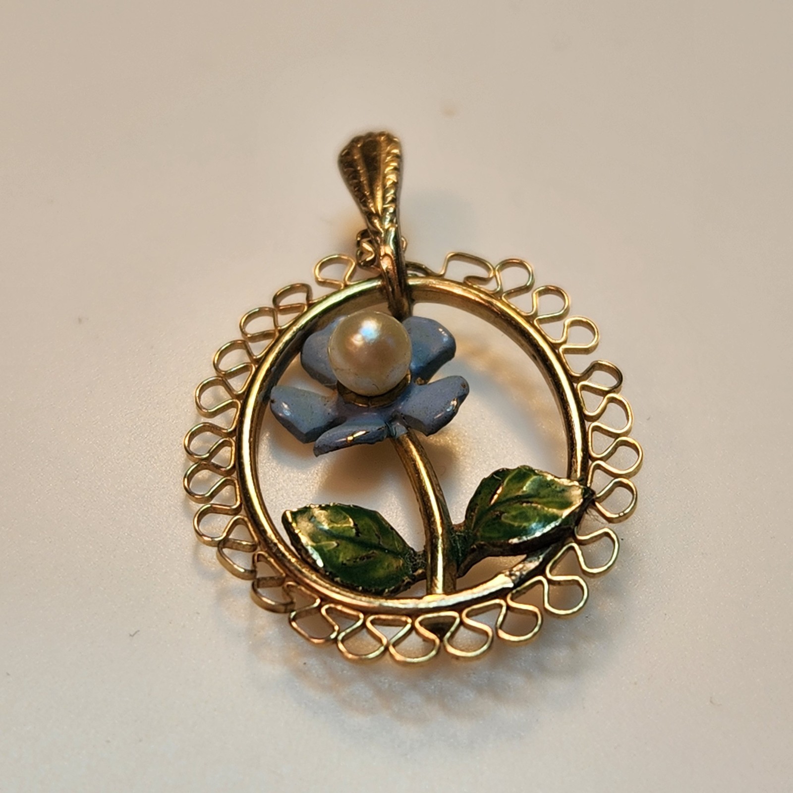 Vintage Enamel Pendant Forget Me Not Pearl Goldtone Metal Filigree Frame 1″