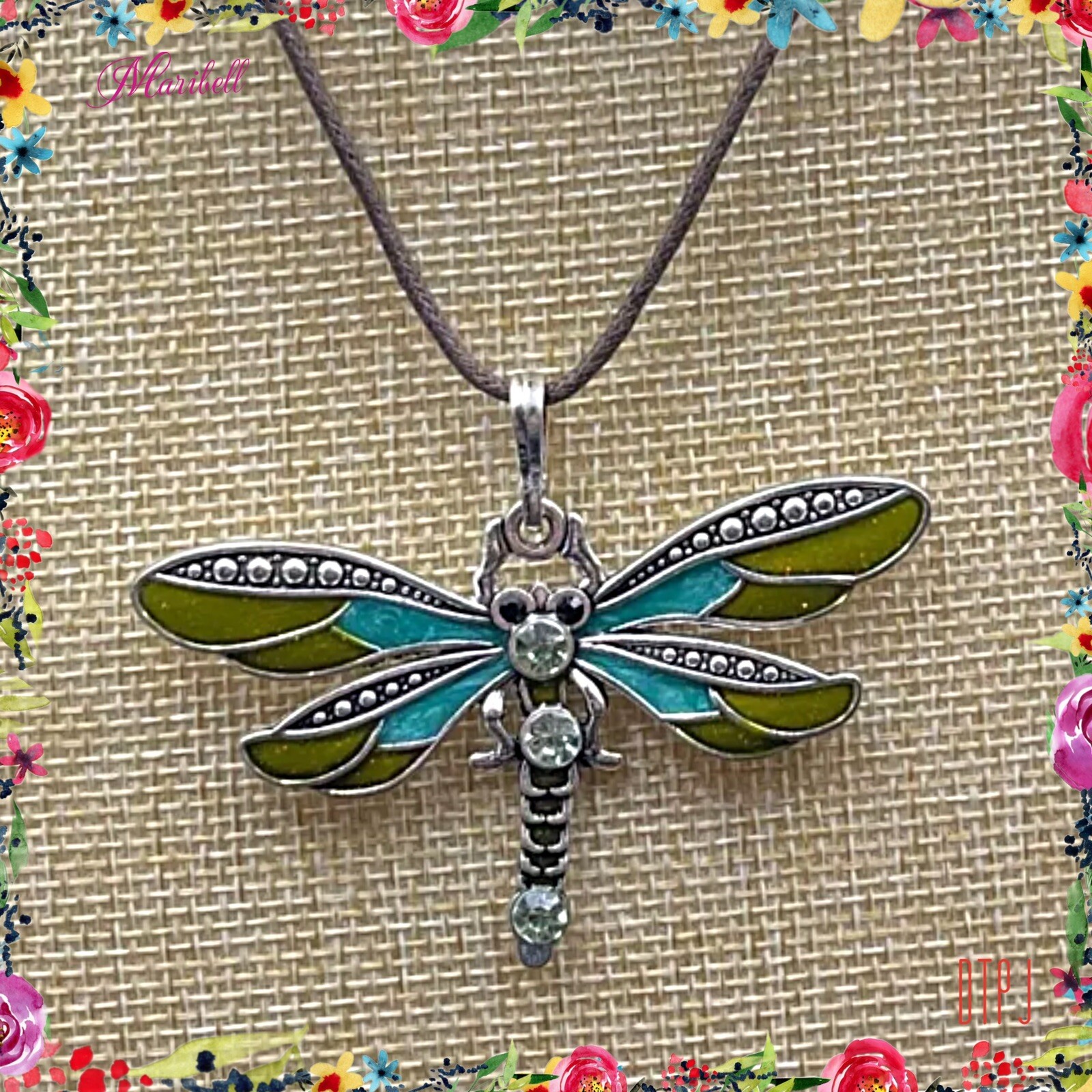 Vtg Retro Rhinestone Enamel Dragonfly Pendant Necklace Brown Leather Cord 16″