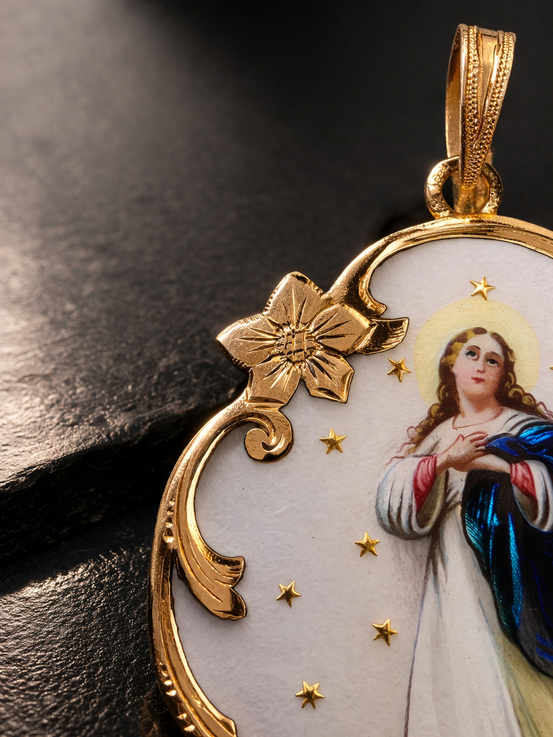 Antique 18K Gold Enamel Virgin Mary Pendant – 19th Century Religious Medal Rare