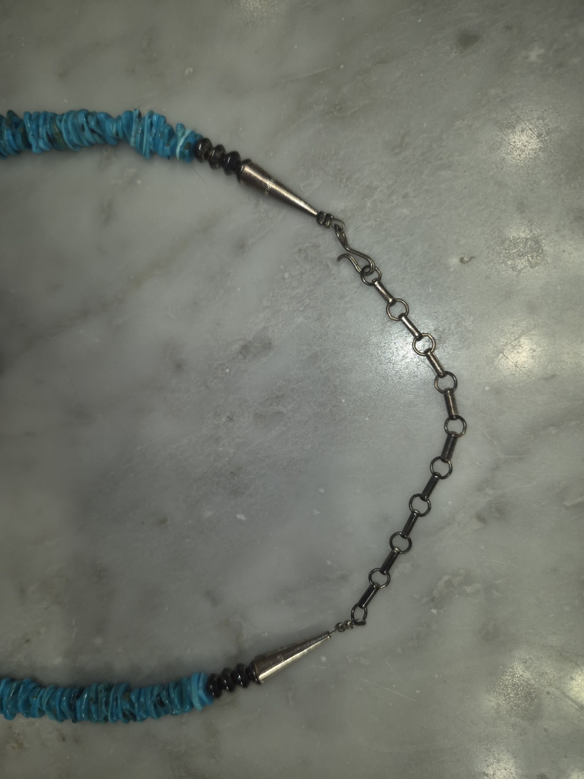 Vintage Turquoise Chip Necklace 925 Sterling Silver Cones Hook Clasp 50g