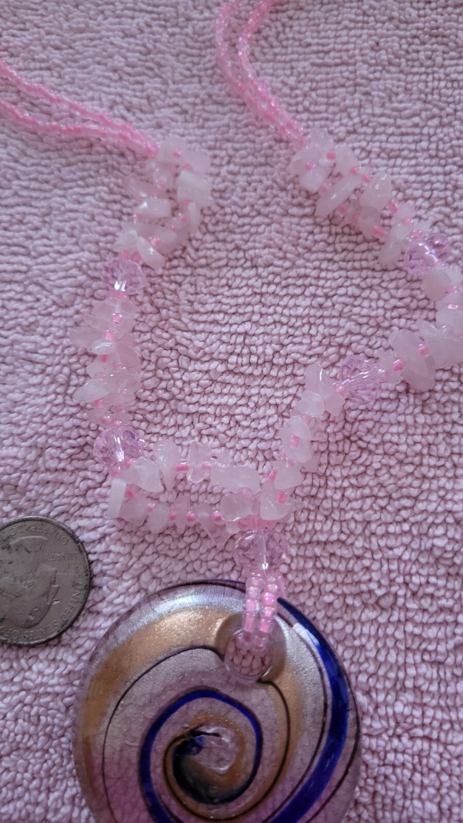Quartz Chip Necklace w Large Swirl Glass Focal & Sead Beads