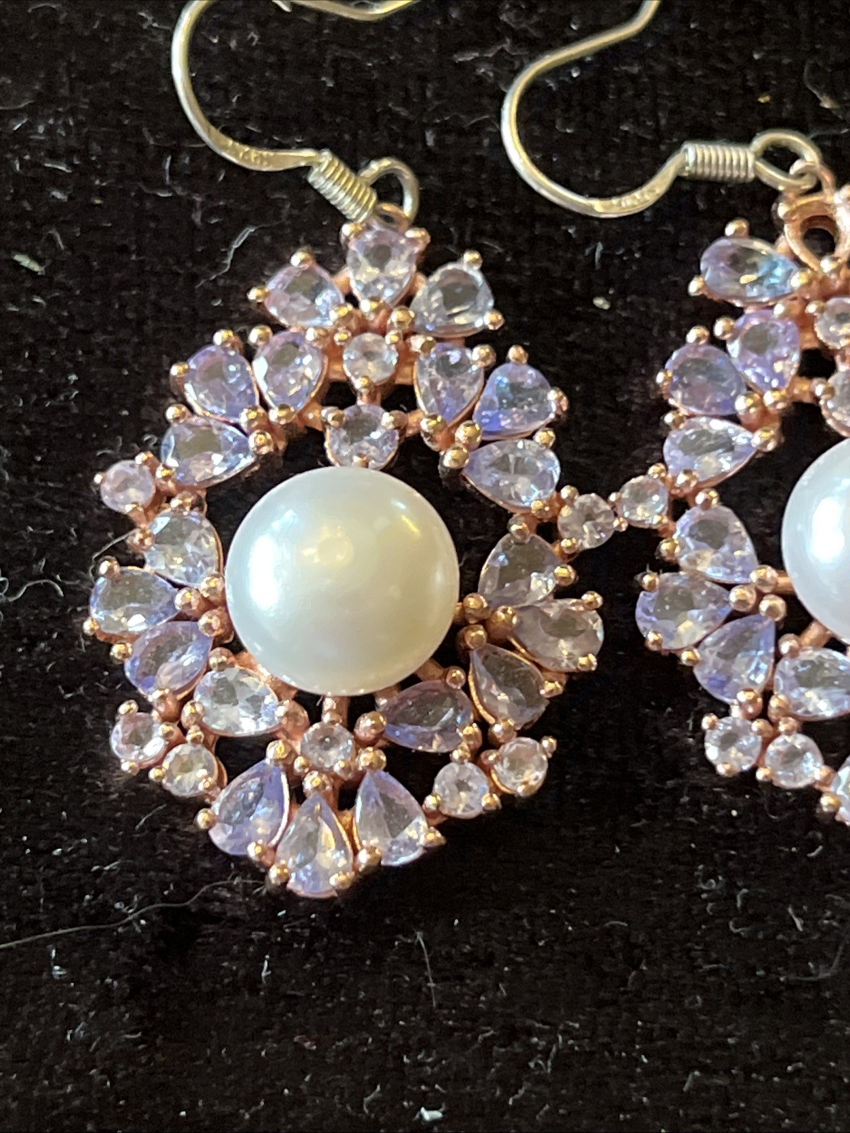 Vintage Tanzanite Real Pearl Dangle Drop Earrings 925 Wire Pierced 1.75” Classic