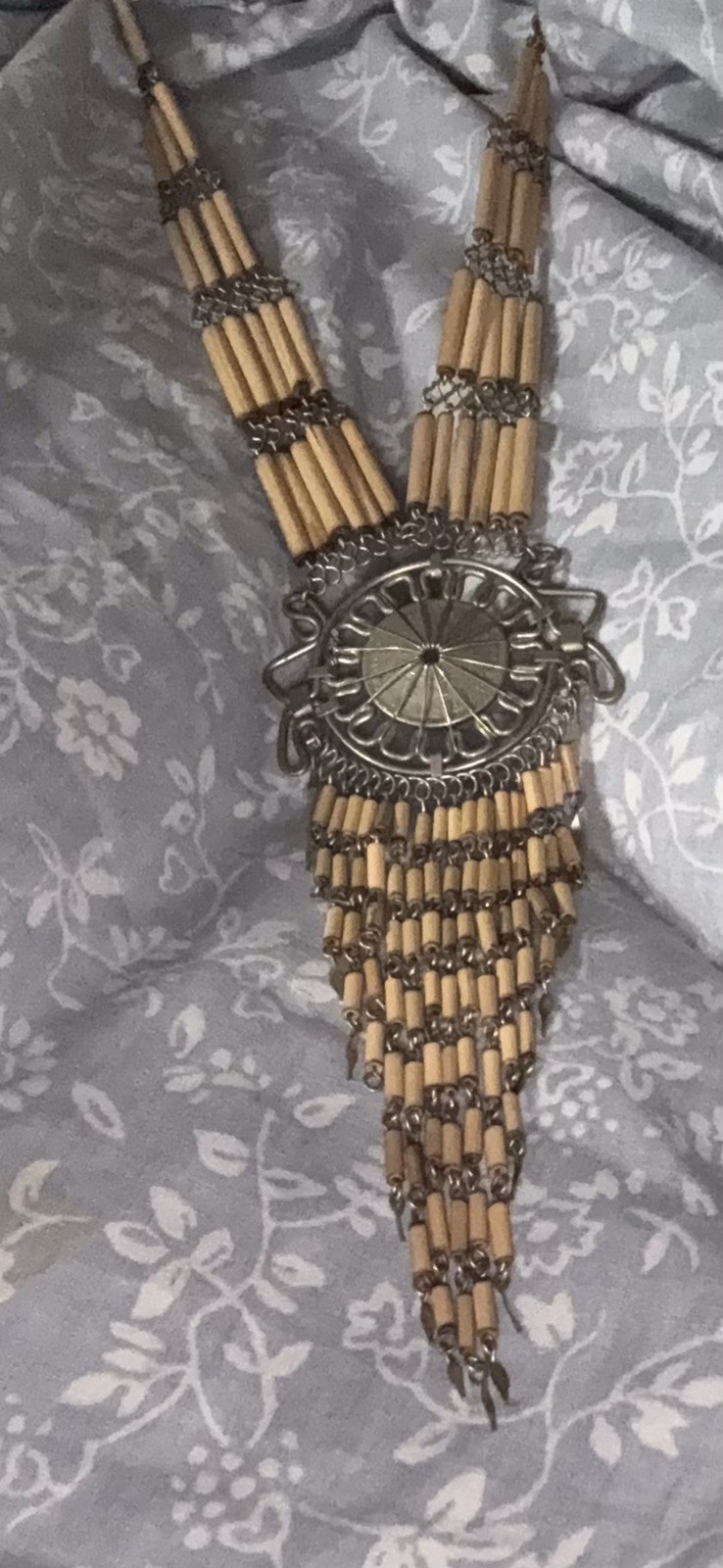 Vintage Peruvian Bamboo Hand-Wired MIGUEL GRAU Coin & Metalwork Tassel Necklace