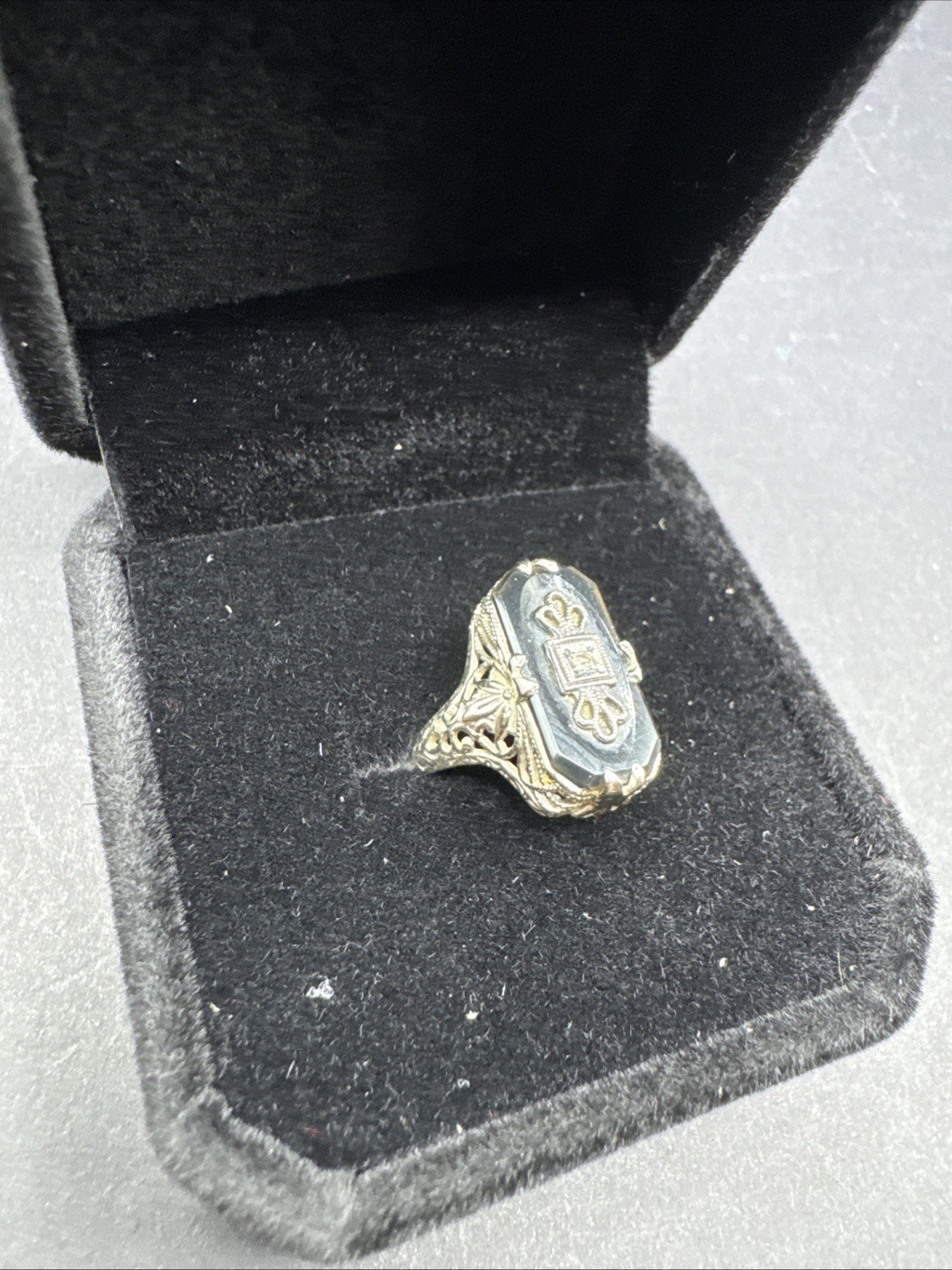 🖤 Rare Art Deco Black Onyx Ring 14K White Gold Size 4–4.5 • Collector’s Gem B3C