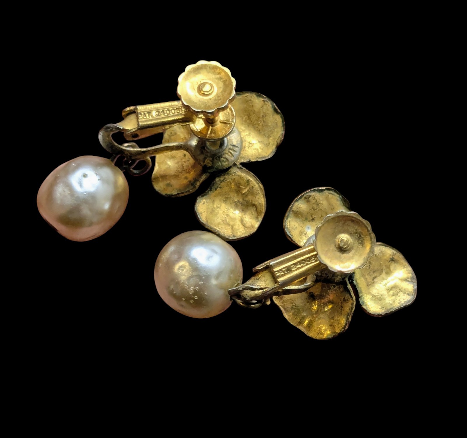 Vintage Miriam Haskell Faux Baroque Pearl Pansy Flower Clip On Earrings