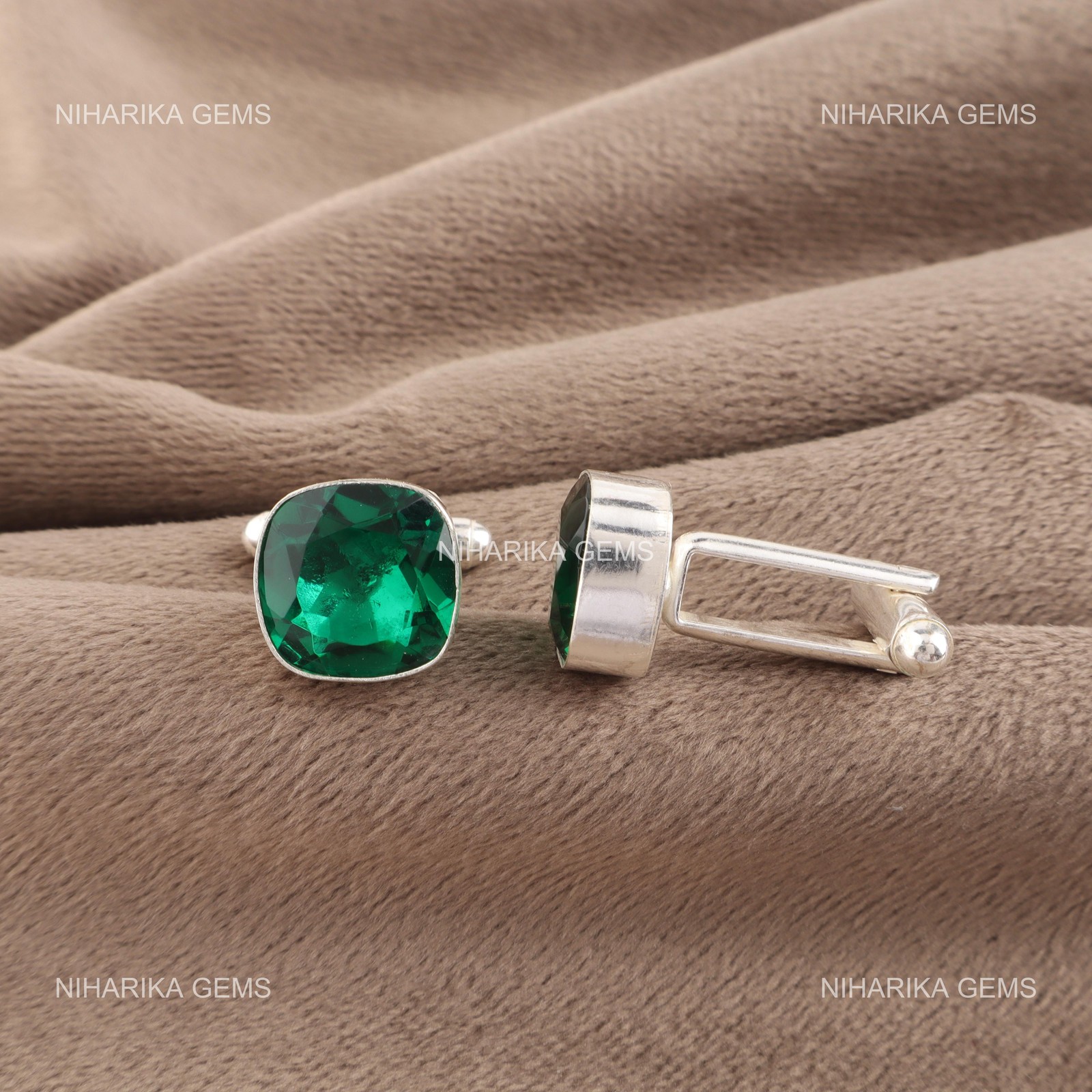 925 Sterling Silver May Natural Green Emerald Brother Gifts Art Deco Cufflinks