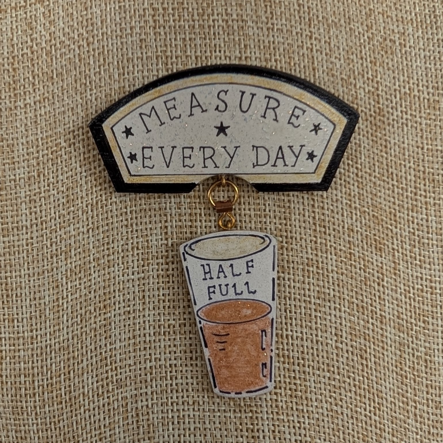 Vintage J Crawford Measure Every Day Spinner Glass Brooch Optimistic Pessimistic