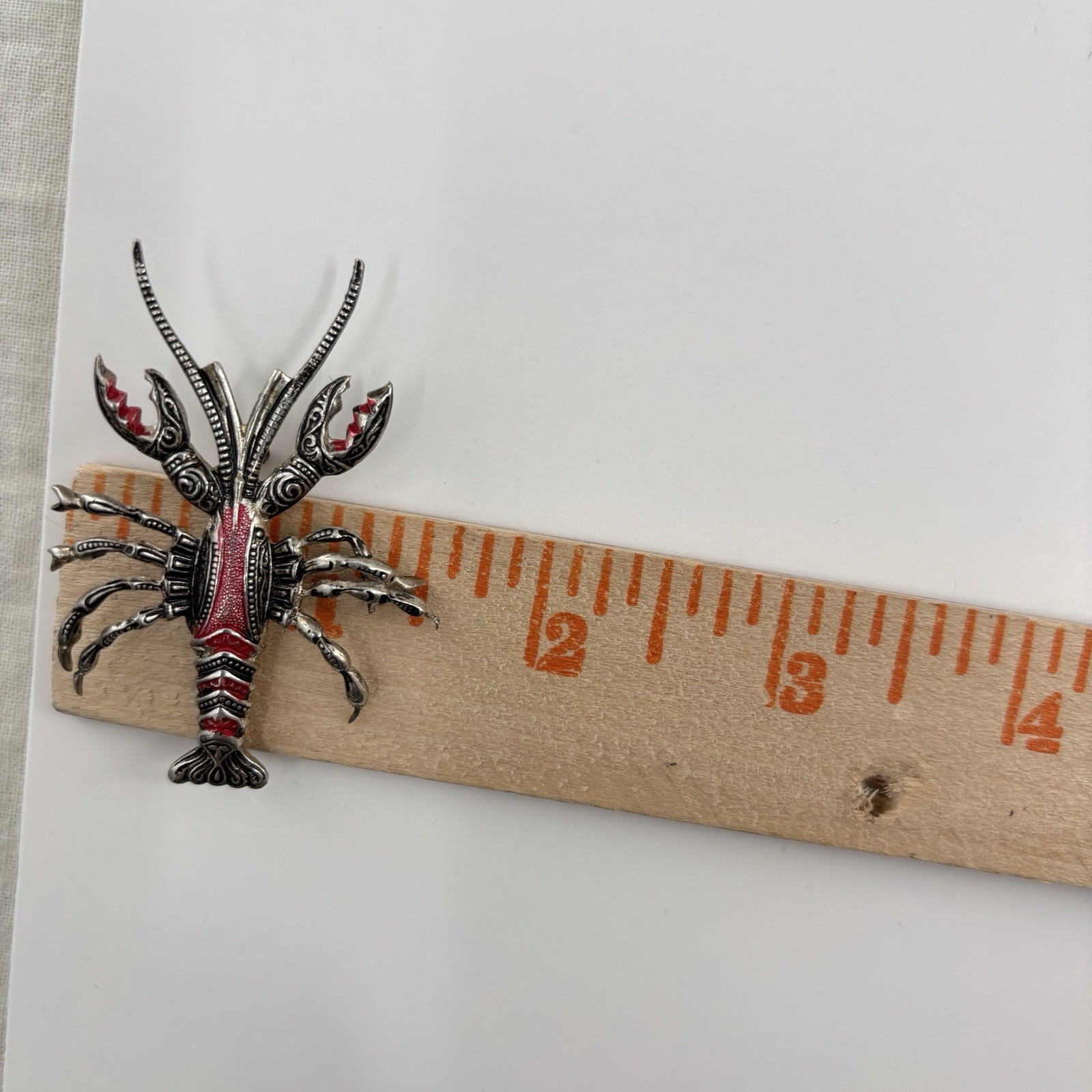 Vintage Spain Lobster Brooch Red Enamel Silver Tone Figural Crayfish Pin