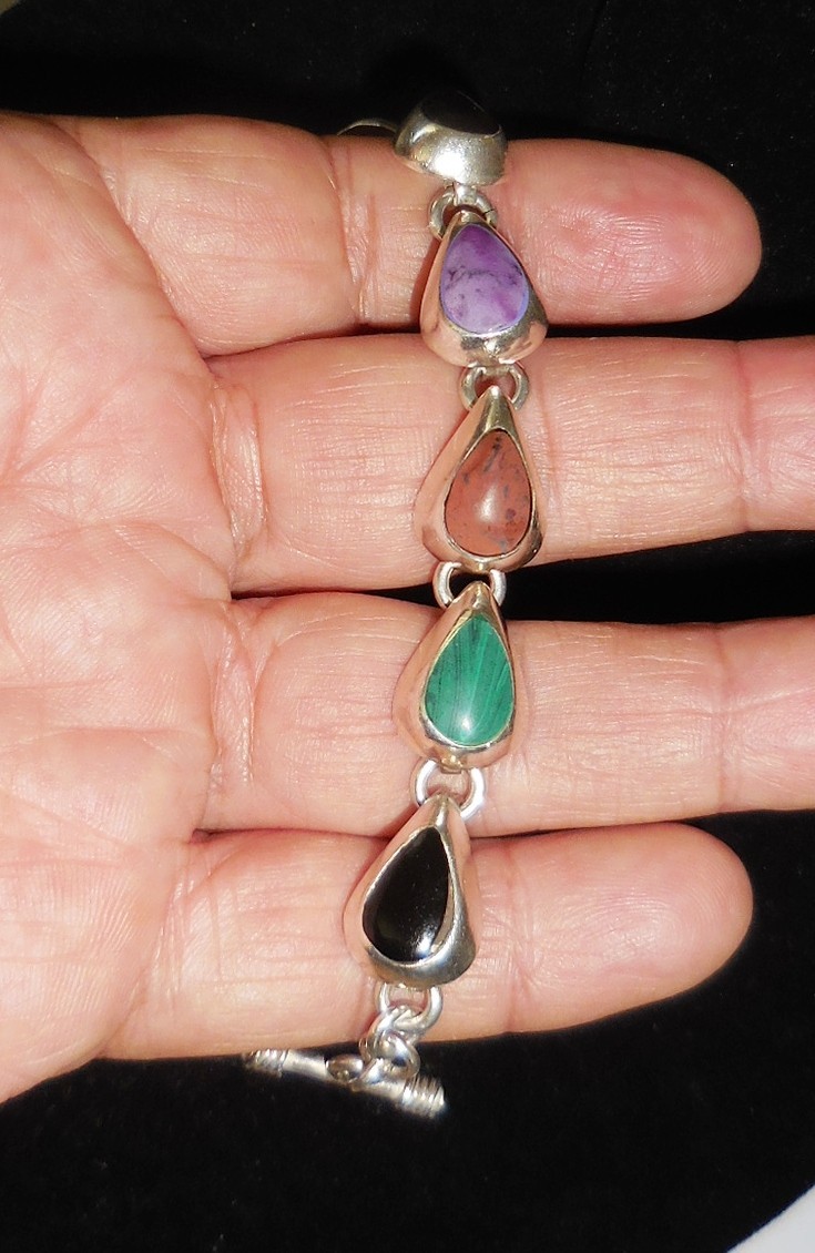 VINTAGE GEODE STERLING SILVER BRACELET BEAUTIFUL COLORFUL STONES 31 GRAMS