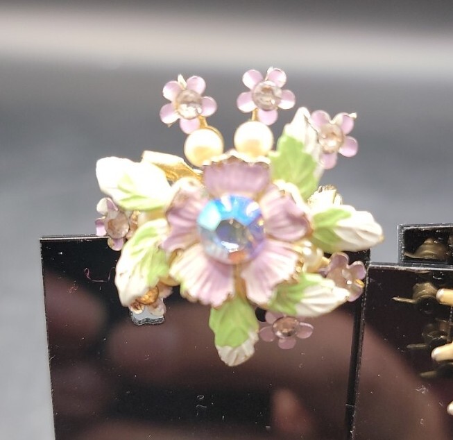 Vintage Flower Brooches set of 2, purple and blue stones