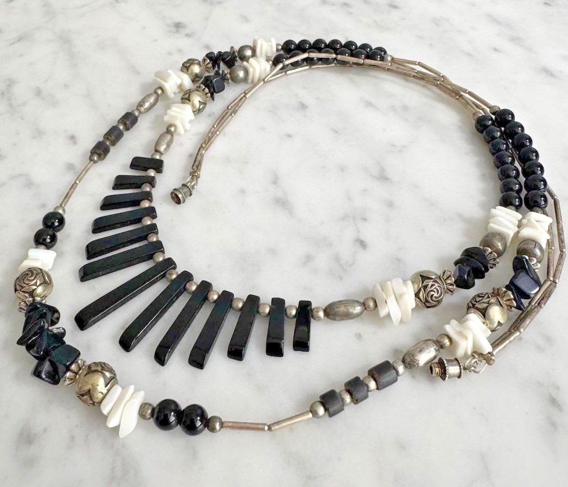 Vtg Silver Tone Liquid Silver Black Onyx Bead & Fringe 2-Strand Layered Necklace