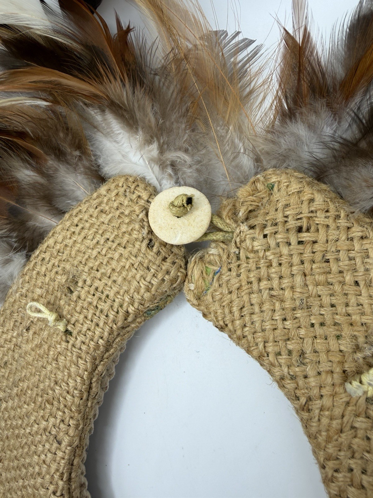 Vtg Statement Woven Collar Necklace Shell Feathers Beaded Native Jute Tribal 13”
