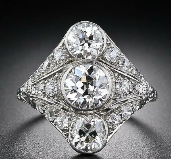 Three Stone 2.50Ct Round Cut CZ Art Deco Antique Engagement Ring 925 Silver