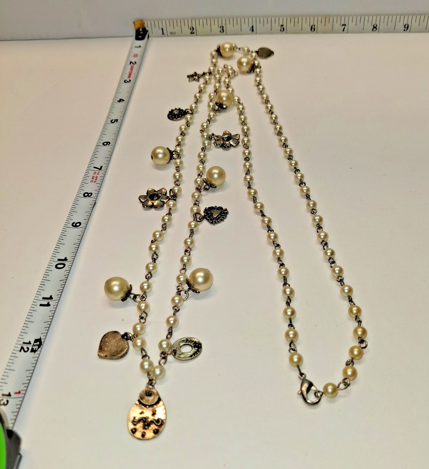 Long 26″ Vintage Silver Charm and Simulated Pearl Necklace Hearts,Flowers,Stars
